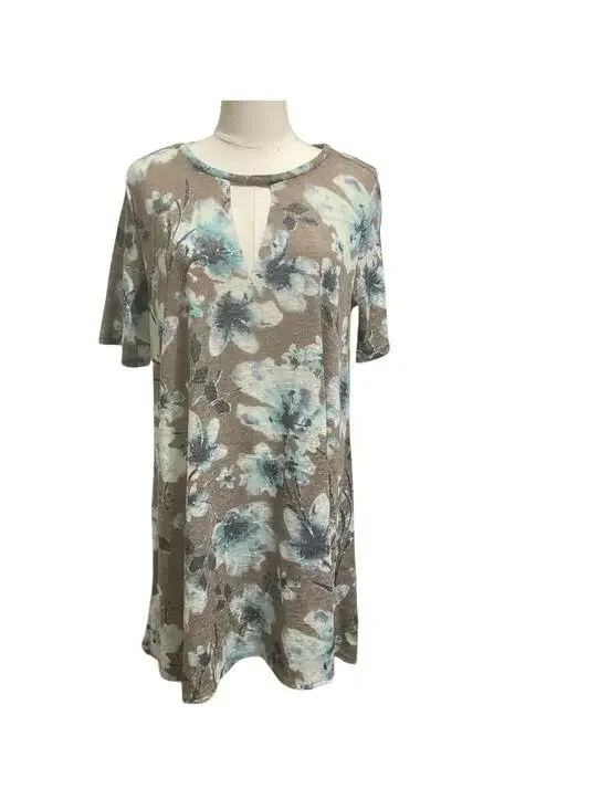 BY TOGETHER Floral Tunic Top Dress M Blue Taupe Keyhole Short Sleeve Boho Shift - Picture 2 of 6